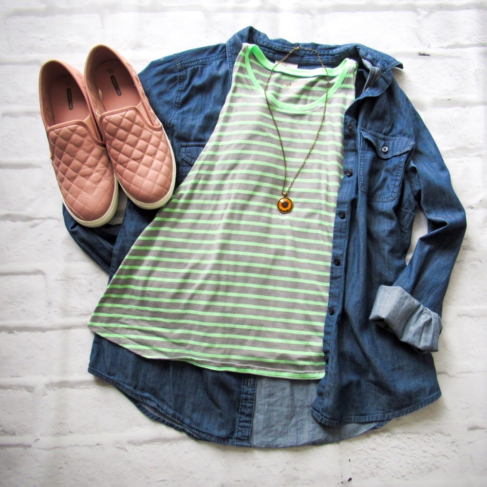 Flowy green and gray striped tank